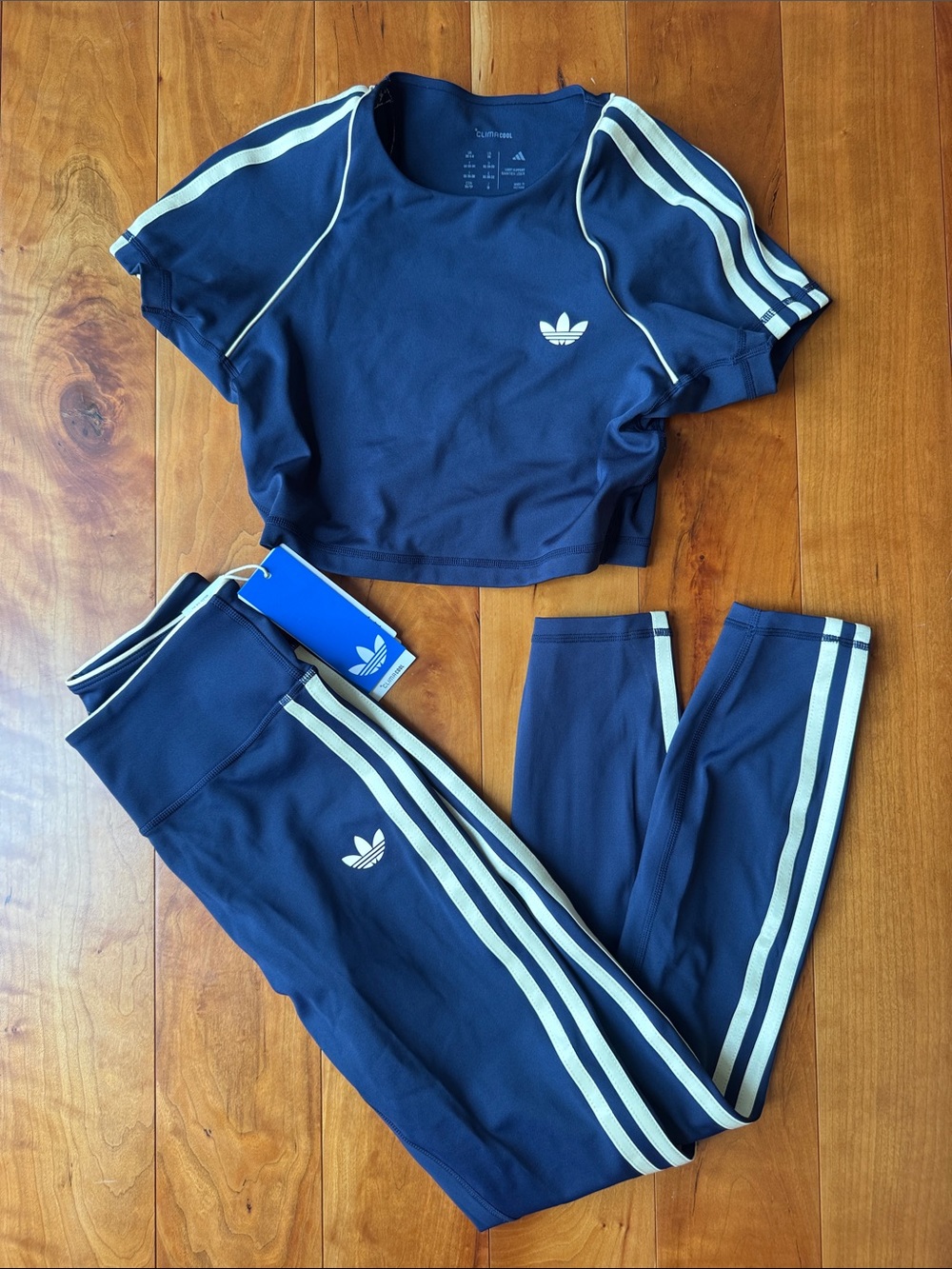 Adidas Sport Originals Navy Blue 3-Stripe Leggings & Crop Top Set sz XS
